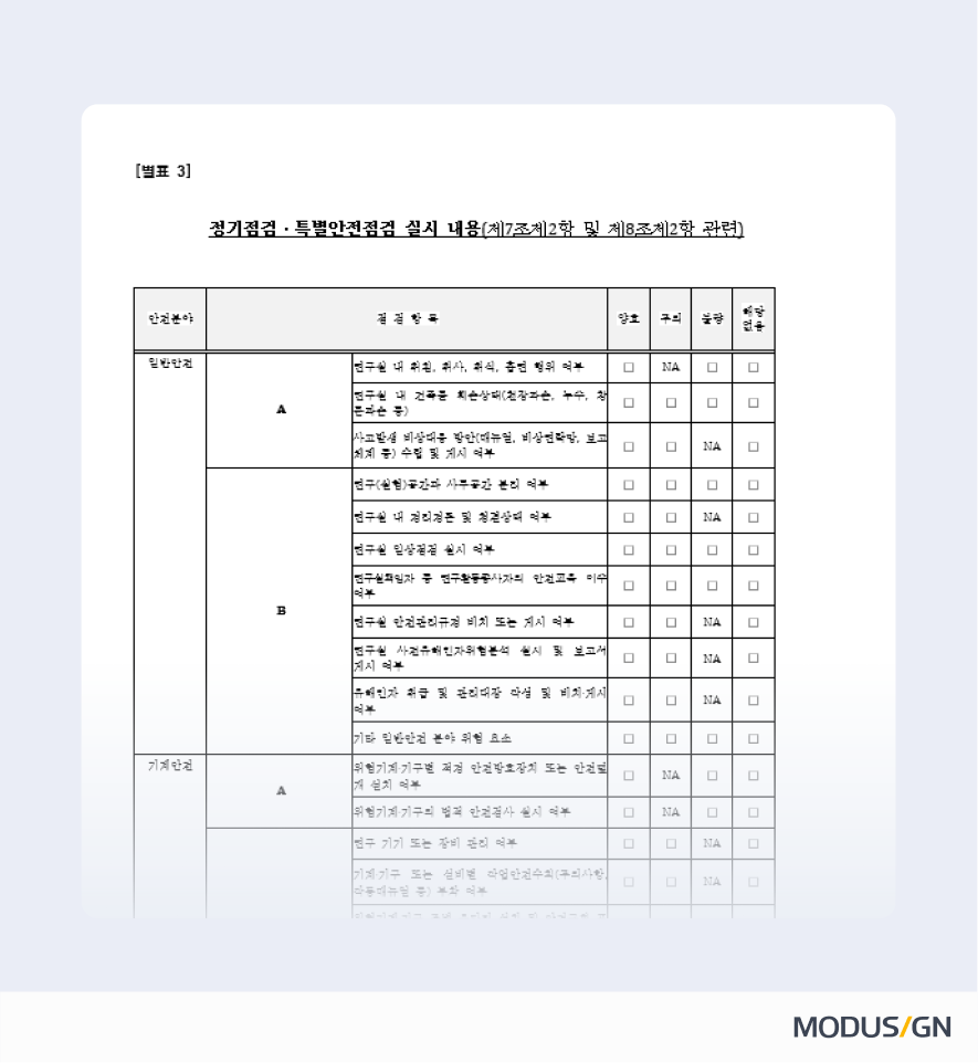 정기점검 및 특별안전점검 실시 내용 연구소
