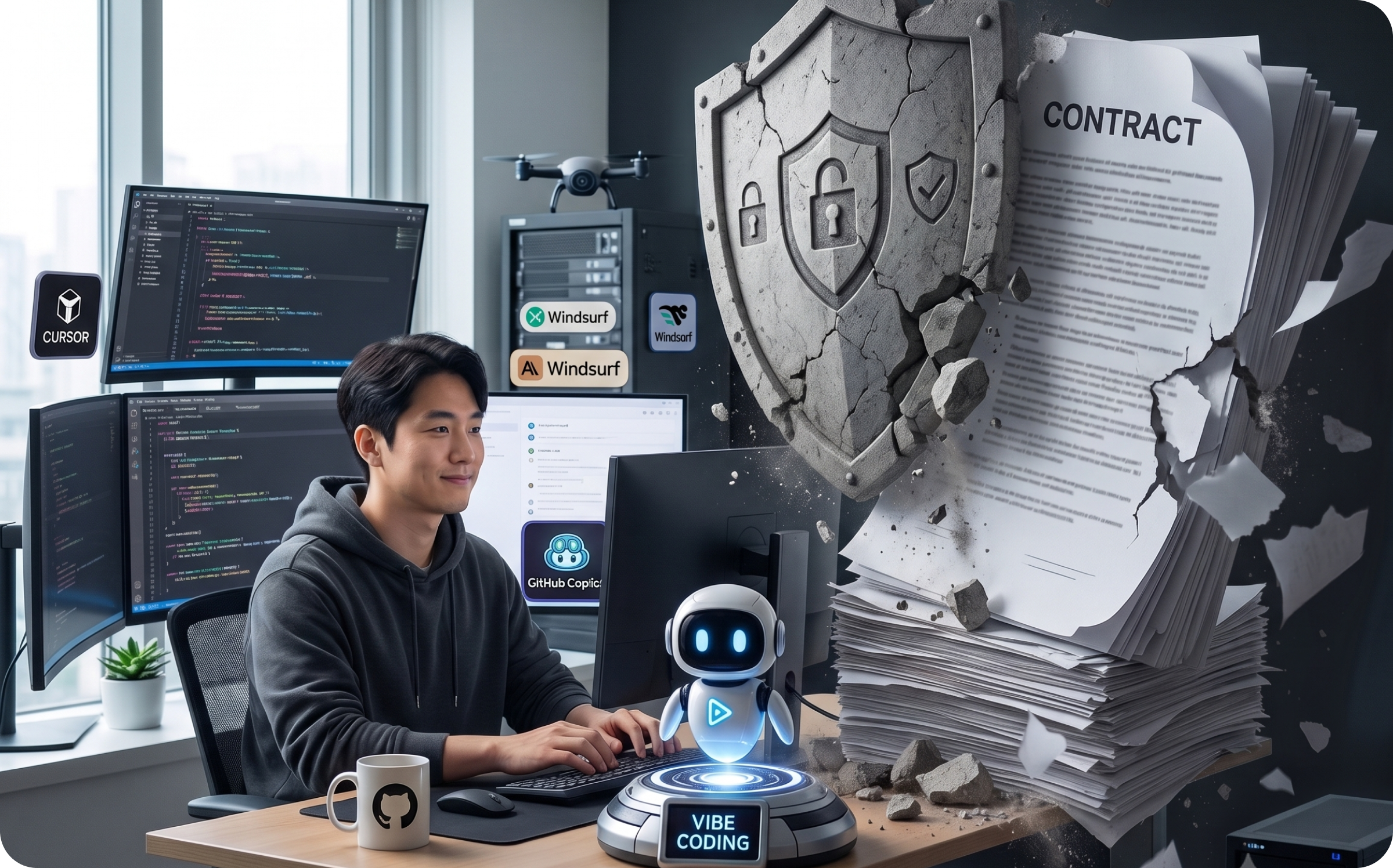 AI 시대, 계약서 정보 보안의 중요성, 보안 인프라의 중요성을 표현한 일러스트 – 모두싸인 AI 전자계약 보안